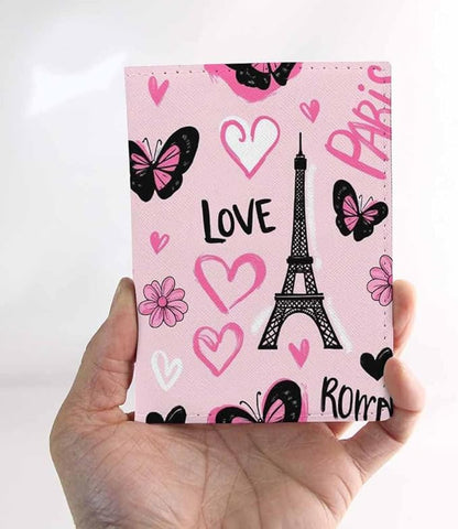 Eiffel Tower Passport Holder for Travel Butterflies Pink Romantic Love PU Leather Passport Cover Wallet Cute Passport Card Holder for Women and Men