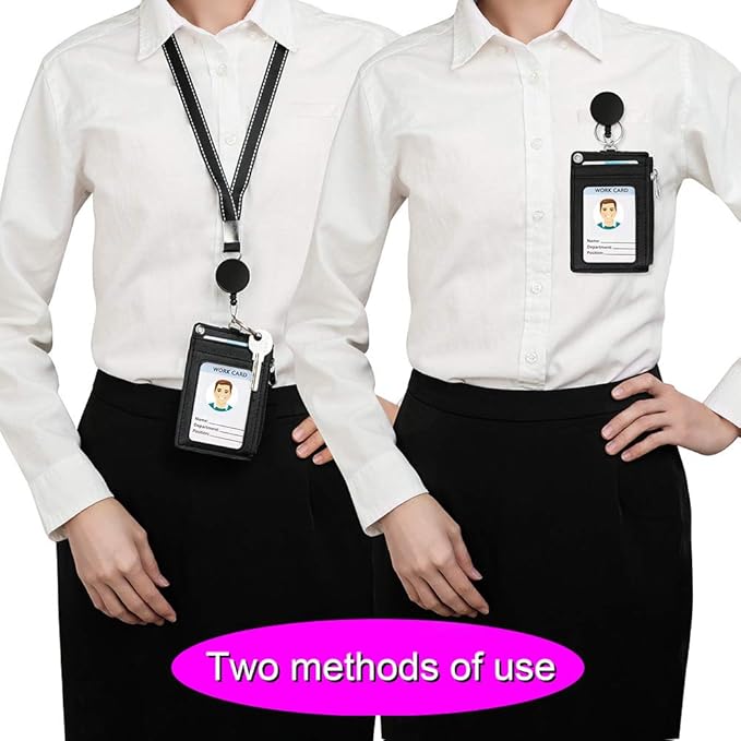 【2025 Latest】 Cute ID Badge Holder Retractable Lanyard Reel Clip with Heavy Duty Carabiner, 5 Card Slots in 2 Sided with Key Ring and Zipper for Students Teens Boys Girls Office Staff Women (Black)