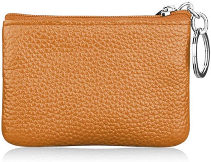 Hibate Yellow Small Leather Coin Purse Change Pouch for Women Men Kids with Zip Key Ring