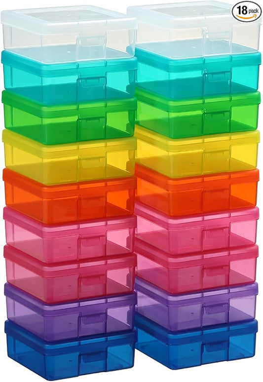 novelinks Plastic Small Storage Bins with Lids for Organizing, Mini Clear Storage Containers and Stackable Storage Box Organizer for Pencil Boxes, Task Boxes, Crayon Boxes (18 Pack Small -Color)