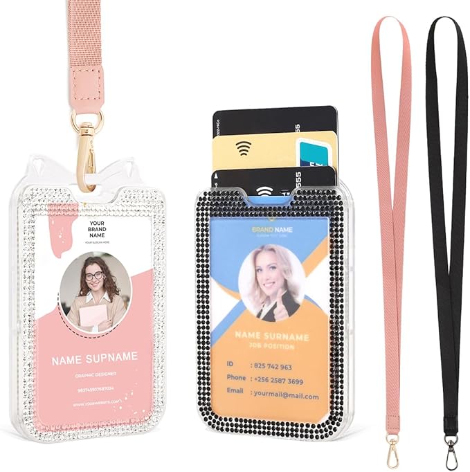 2 Pack Lanyards for id Badges Bling ID Badge Holder with Lanyard for Office, School, Cruise Cards,Travel (Transparent Black and White)