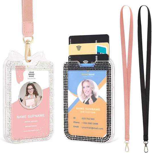 2 Pack Lanyards for id Badges Bling ID Badge Holder with Lanyard for Office, School, Cruise Cards,Travel (Transparent Black and White)