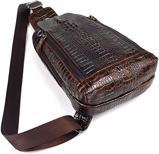 Hebetag Crocodile Genuine Leather Sling Chest Bag for Men Travel Outdoor Hunting Hiking Camping Crossbody Shoulder Pack Pouch Backpack Daypack Coffee