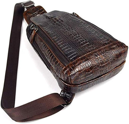 Hebetag Crocodile Genuine Leather Sling Chest Bag for Men Travel Outdoor Hunting Hiking Camping Crossbody Shoulder Pack Pouch Backpack Daypack Coffee