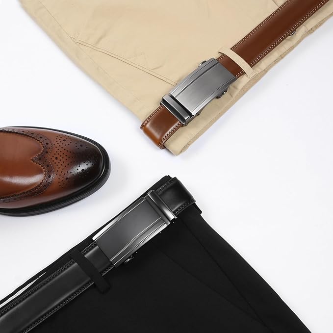 2 Pack Ratchet Belt 1 3/8", Mens leather Dress Belt in Gift Set Size 28"-62" Adjustable waist Trim to Fit