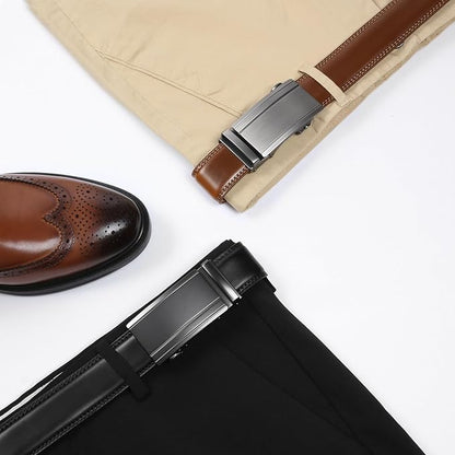 2 Pack Ratchet Belt 1 3/8", Mens leather Dress Belt in Gift Set Size 28"-62" Adjustable waist Trim to Fit