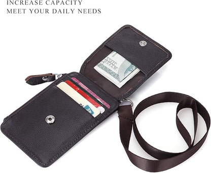 Badge Holder with Zipper Genuine Leather RFID Keychain Wallet Neck Lanyards with Swivel Hook for Card/Coin/Cash, Coffee