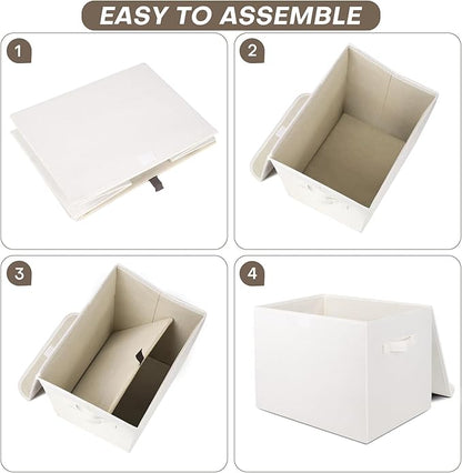 Bagnizer Large 22 Quart Linen Fabric Foldable Storage Bin Cube Organizer Basket with Flip-Top Lid & Handles, Clothes Blanket Box for Home, Office, Closet, White, 4 Pack 14.6 x 9.5 x 9.5”