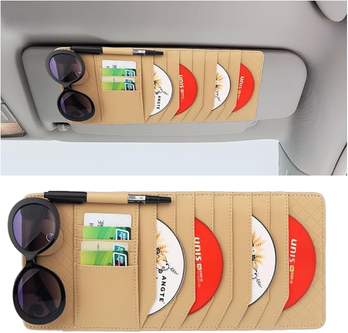 CD Case Holder for Car Sun Visor, Visor DVD Storage Organizer with Sunglasses Clip, Pen Holder & Card Slot, Multifunctional Automotive Disc Storage Pocket, Universal for SUV RV Truck (Beige)