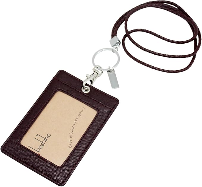 Boshiho Vertical Style PU Leather ID Card Badge Holder with Heavy Duty Lanyard (Brown)