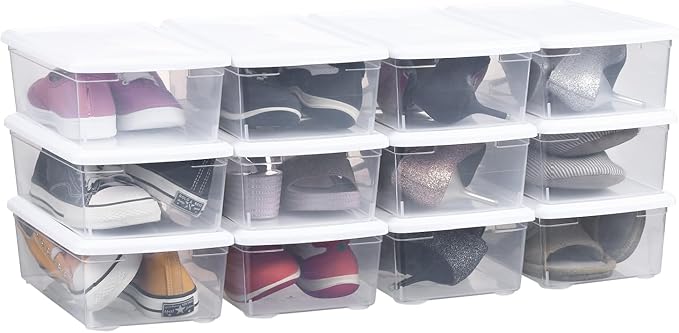Stackable Plastic Storage Shoebox, BPA-Free Nestable Container with Latching Lid to Organize Shoes, See-Through Box for Home and Office, Multi-Purpose Storage Case, Clear Bins (12 Pack 6 Quart White)