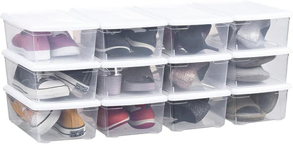 Stackable Plastic Storage Shoebox, BPA-Free Nestable Container with Latching Lid to Organize Shoes, See-Through Box for Home and Office, Multi-Purpose Storage Case, Clear Bins (12 Pack 6 Quart White)