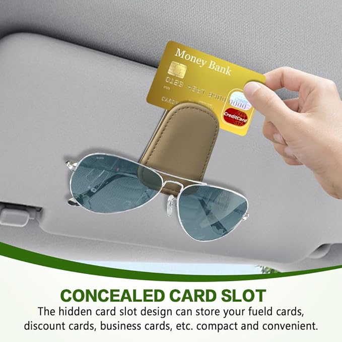 Sunglass Holder for Car, Sunglasses Clip for Car Visor, Magnetic Leather Vehicle Eyeglass Hanger Clip, Auto Ticket Card Glasses Organizer Clamp Accessories for SUV Sedan (Beige)