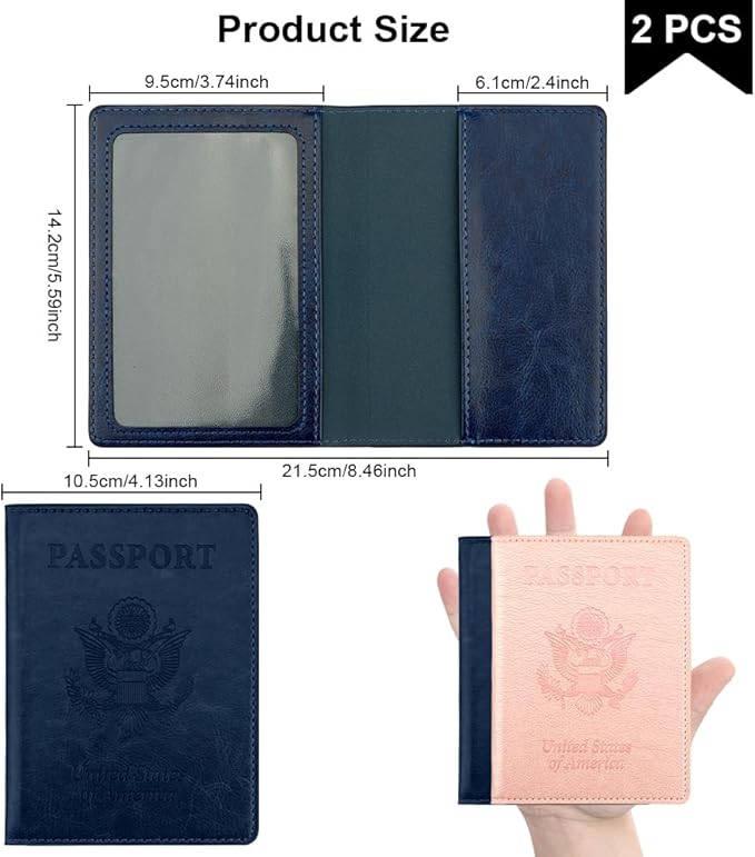 Passport Holder, Passport Cover, Passport Holder for Women, 2 Pack Travel Passport Wallet, Leather Passport Case, Passport Protector International Travel Must Haves, Dark Blue+Rose Gold