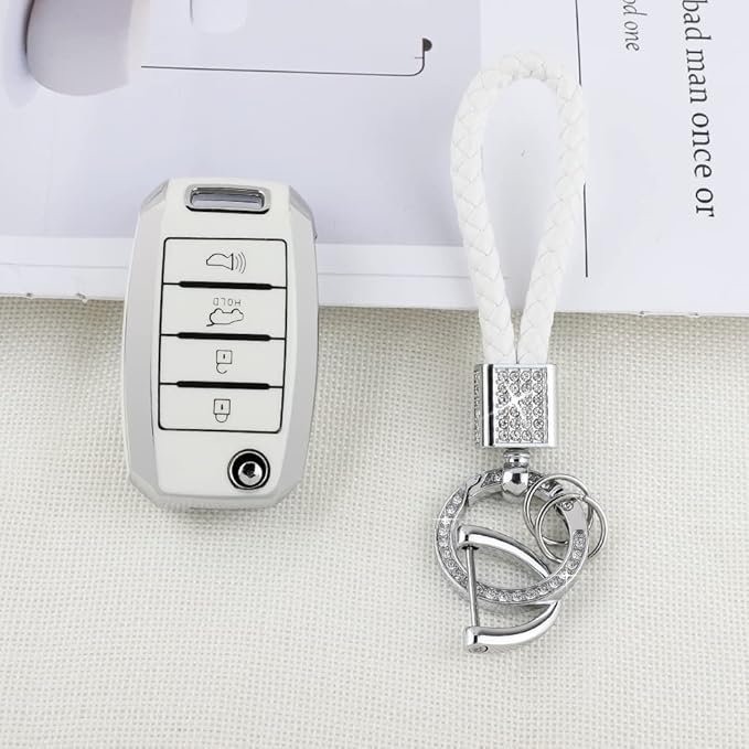 PIFOOG for Kia Key Fob Cover TPU White Silver 4 Buttons Keys Case Shell Protector Bling Keychain for Kia Sorento Optima Soul Sportage Niro Forte Rio Accessories Girly Women Men