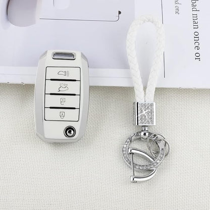 PIFOOG for Kia Key Fob Cover TPU White Silver 4 Buttons Keys Case Shell Protector Bling Keychain for Kia Sorento Optima Soul Sportage Niro Forte Rio Accessories Girly Women Men