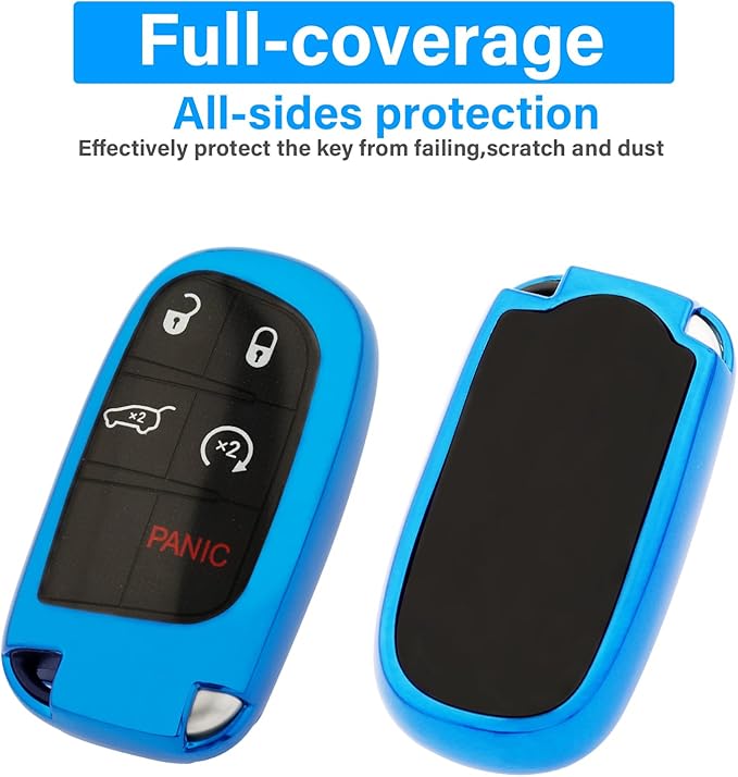 XIYANG TRADE for Jeep Key Fob Cover with Keychain,Soft TPU Key Case Shell Full Protection for Grand Cherokee Renegade Chrysler 200 300 Dodge RAM Durango Challenger Journey Dart Compass Charger(Blue)
