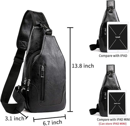 Seoky Rop Men Sling Bag Anti Theft Shoulder Bag Small Leather Crossbody Sling Backpack with USB Charge Port Black