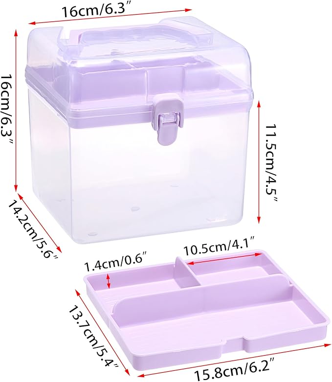 BTSKY Multipurpose Plastic Craft Storage Containers with Removable Tray, Clear Plastic Storage Box with Lid & Handle, Easy Carry & Stack Small Storage Container, 6.3x5.6x6.3 Inch, Square-Purple