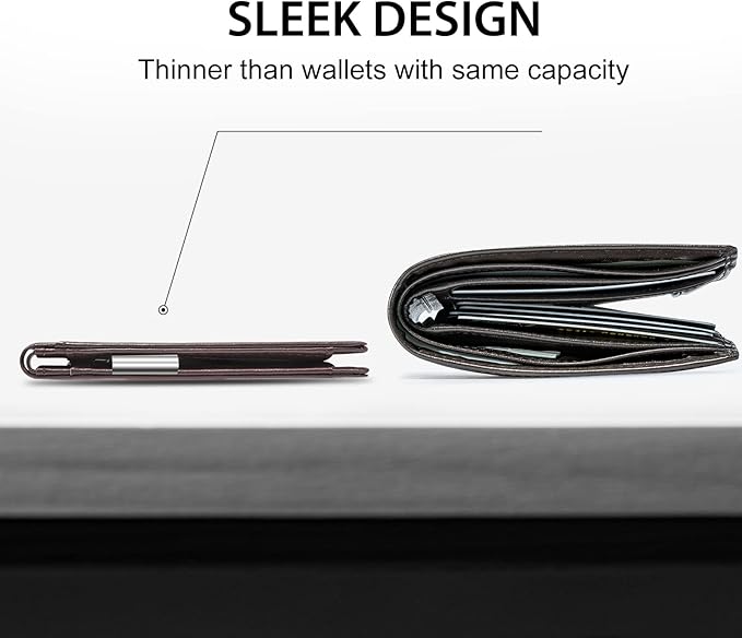 GSOIAX Men's Slim RFID Blocking Leather Wallet with Money Clip | Minimalist Carbon Fiber Bifold Credit Card Holder | 11 Card Slots | Gift Box Included(Leather Coffee)