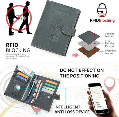 CONTACTS Full Grain Leather Passport Holder with Airtag Slot RFID Blocking Passport Wallet for Men Travel Passport Cover with SIM Card Removal Tool (Badge, Gray)