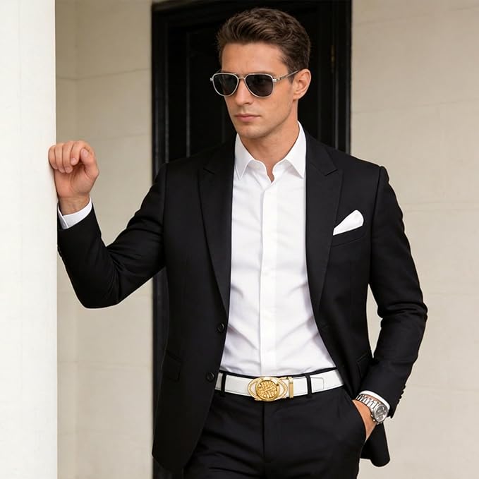 Dubulle Designer Ratchet Belt for Men Leather Fashion Adjustable Automatic Buckle Sliding Removable Dress Casual