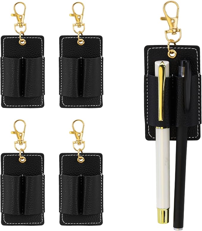 LELE LIFE 4 Pack Double Pen Holder for Lanyard, Anti-Lost Pen Clip for Retractable Badge Reel & Neck Lanyard, Pocket PU Leather Keychain for Nurse Clerk, Black