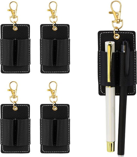 LELE LIFE 4 Pack Double Pen Holder for Lanyard, Anti-Lost Pen Clip for Retractable Badge Reel & Neck Lanyard, Pocket PU Leather Keychain for Nurse Clerk, Black