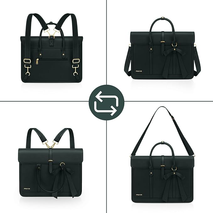MOSISO Laptop Bag for Women, 15-15.6 inch PU Leather Laptop Shoulder Bags Convertible Backpack, 16 inch Messenger Bags Casual Handbag Work Briefcase Travel Computer Bag with Bowknot, Midnight Green