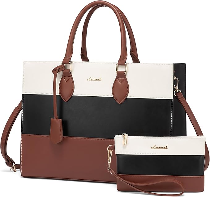 LOVEVOOK Laptop Bag for Women 15.6 Inch Waterproof Teacher Work Tote Bag Professional Office Business Computer Briefcase with Clutch Purse Large Capacity Shoulder Messenger Bag, Brown/Black/White