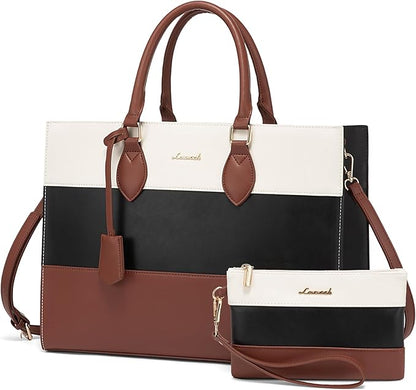 LOVEVOOK Laptop Bag for Women 15.6 Inch Waterproof Teacher Work Tote Bag Professional Office Business Computer Briefcase with Clutch Purse Large Capacity Shoulder Messenger Bag, Brown/Black/White