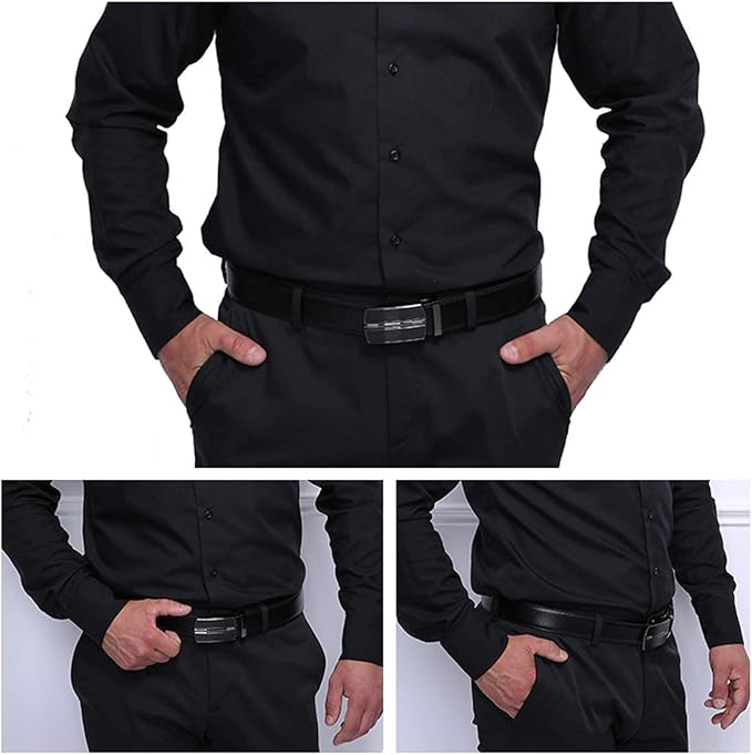 JINIU Men's Ratchet Belt Buckle, Black Genuine Leather Slide Belt for Men Dress Suit, Micro Adjustable Trim to Fit Boxed