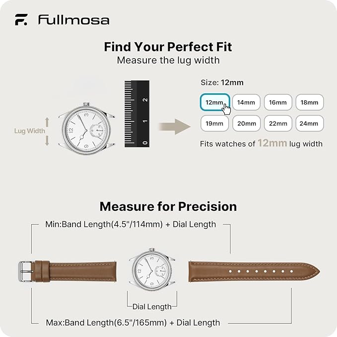 Fullmosa Watch Band, Quick Release Leather Watch Strap for Men Women, Replacement Bands Width 12mm 14mm 16mm 18mm 19mm 20mm 21mm 22mm 24mm