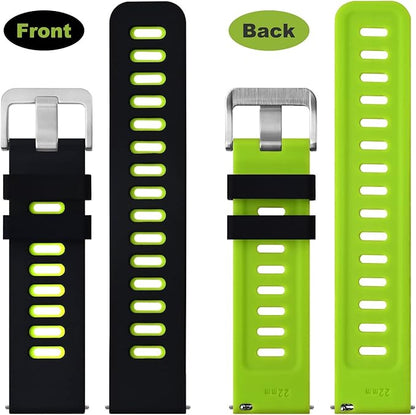 WOCCI 22mm Bicolor Watch Band, Silicone Rubber, Quick Release Replacement Strap for Men and Women, Silver Stainless Steel Buckle (Black-Spring Green)