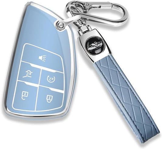 QBUC for Chevy Key Fob Cover with Keychain Soft TPU Protection Case Compatible with 2021-2026 Chevy Equinox Blazer Tahoe Suburban GMC Yukon Denali Silverado 5-Buttons(Chrome Trim Blue)
