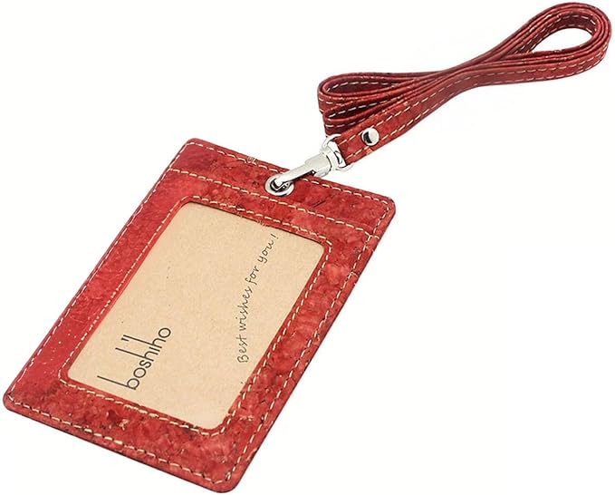 Cork Badge Holder, Boshiho Vertical Style Eco-Friendly Natural Cork Name ID Card Holder with Lanyard (Cork Red)