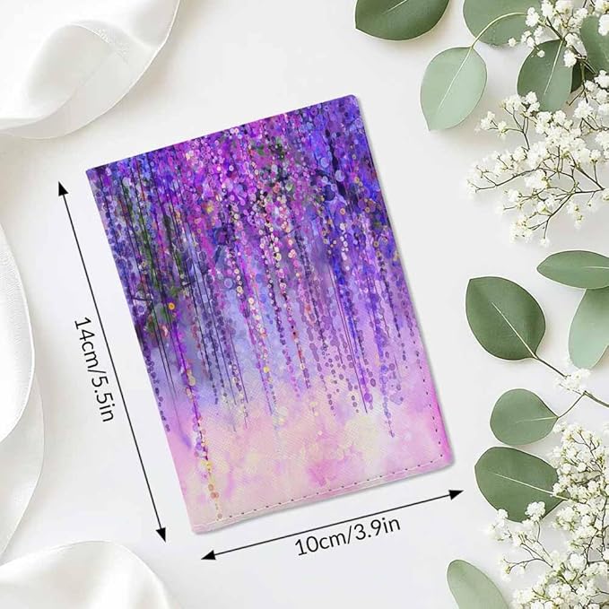 Violet Flowers Passport Holder for Travel Purple Floral Wisteria In Blossom PU Leather Passport Cover Wallet Cute Passport Card Holder for Women and Men