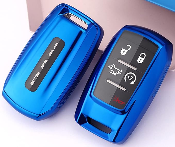 TPU Case 360 Degree TPU Protection Smart Keyless Entry Holder Remote Key Fob Cover Fit for 2021 2020 2019 Dodge Ram 1500 5B Rubber Key Fob Cover Glove Sleeve Protector OHT-4882056 (Blue)