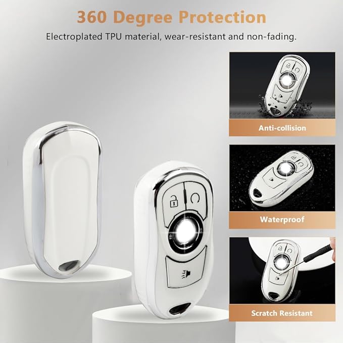 PIFOOG Accessories for Buick Regal Encore GX Key Fob Cover 5 Buttons Soft TPU Keys Shell Case Glittering Car Keychain Full Protector Girl Women Men Crystal White Silver