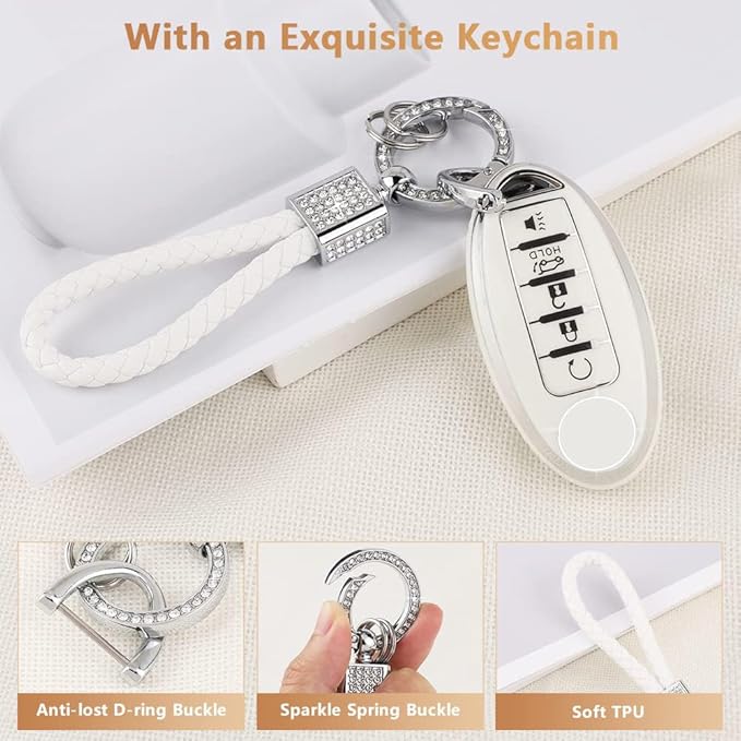 PIFOOG Car Key Cover for Nissan 5 Buttons Keys Fob Case TPU Bling Keychain for Nissan Altima Sentra Rogue Pathfinder Murano Armada Maxima Versa Girly Women White Silver