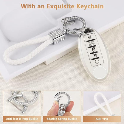 PIFOOG Car Key Cover for Nissan 5 Buttons Keys Fob Case TPU Bling Keychain for Nissan Altima Sentra Rogue Pathfinder Murano Armada Maxima Versa Girly Women White Silver
