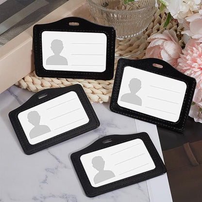 4PCS PU Leather Horizontal Photocard Protector with Clear Window Black Leather Badge Holder Waterproof ID Card Case Double Sided Name Badge Pouch for Offices Staff Students Employees
