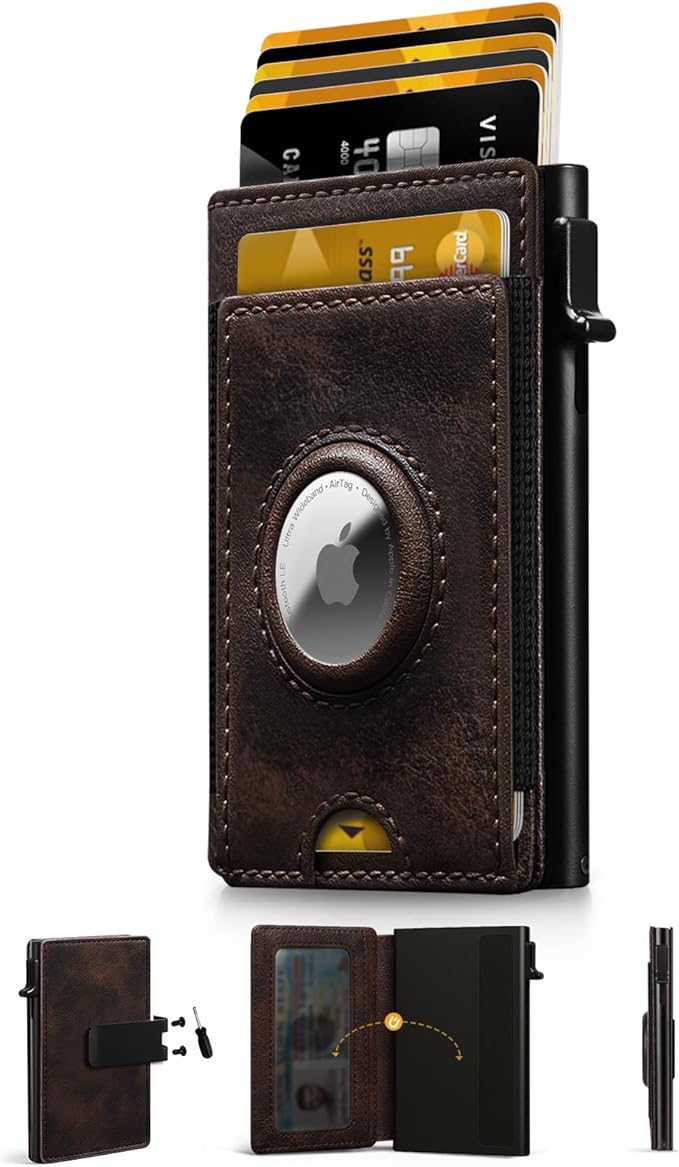 iwantit Slim Airtag Wallet for Men: Pop Up Bifold Wallet with Detachable Money Clip ID Window for Air Tag(1st & 2nd Generation) - RFID Blocking for 8-10 Cards Cash - Gift Box Included (Dark Brown)