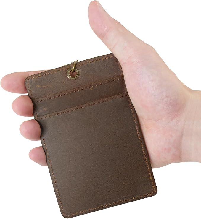Badge Holder: Boshiho Cowhide Leather ID Card Badge Holder with Keychain Key Ring, Vertical Style (Dark Brown)