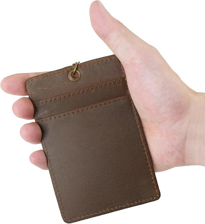 Badge Holder: Boshiho Cowhide Leather ID Card Badge Holder with Keychain Key Ring, Vertical Style (Dark Brown)