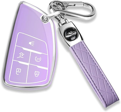 QBUC for Chevy Key Fob Cover with Keychain Soft TPU Protection Case Compatible with 2021-2026 Chevy Equinox Blazer Tahoe Suburban GMC Yukon Denali Silverado 5-Buttons(Chrome Trim Purple)