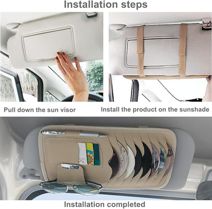 1Pc Leather Car CD Holder, Car Visor CD Storage Pocket, Multi-functional Storage Folder for CDs Sunglasses Cards Pens, Universal Interior Accessories for Cars (Black)