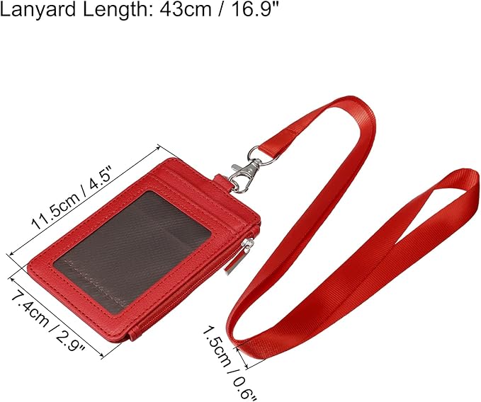 MECCANIXITY ID Badge Holders with Lanyard, Vertical PU Leather 5 Card Slots Zipper Portable Wallet Clear Window for Office, Red