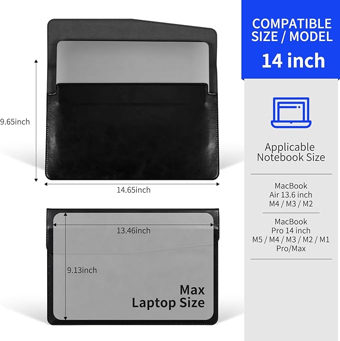 14 Inch Leather Laptop Sleeve for MacBook Pro 14 Inch M5 M4 M3 M2 M1 Pro/Max Case,Premium Protective Case Cover with Magnetic Closure-Vintage Black