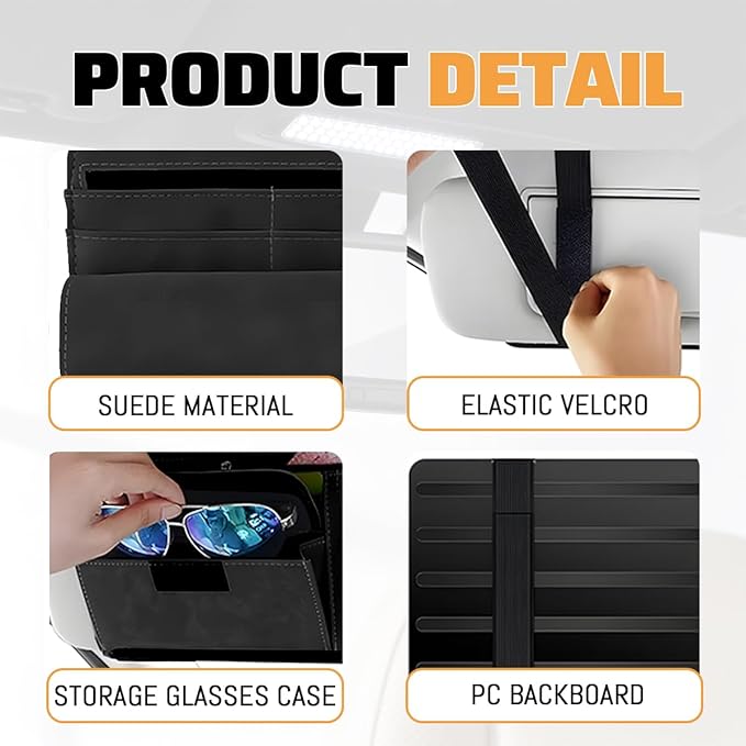 Car Sun Visor Organizer, Leather Vehicle Visor Card License Storage Pouch with Glasses Holder, Multifunctional Auto Interior Sunshade Document Pocket Organizer, Universal for Vehicles (Black)